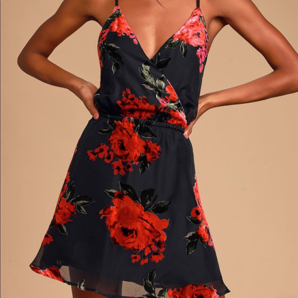 Red and black floral print dress